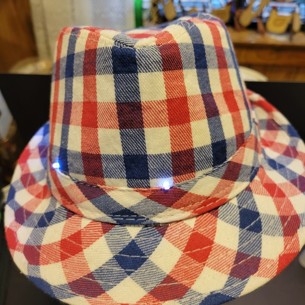 GROOVY GLAM Light-Up Red White and Blue Trilby Fedora Hat Woven Gingham Check